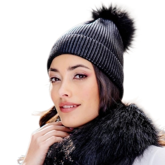 Accessories - Elegant Black Metallic Knit Faux Fur Pom Hat